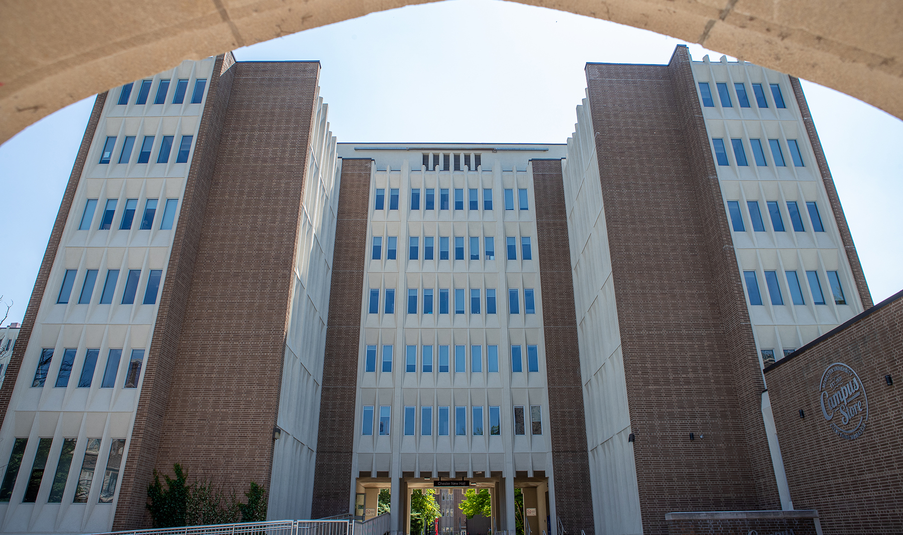 A wide shot of the exterior of Chester New Hall at McMaster University.