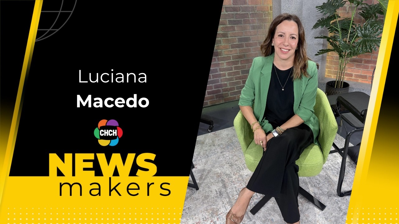 Luciana Macedo seated with CHCH News Makers podcast logo